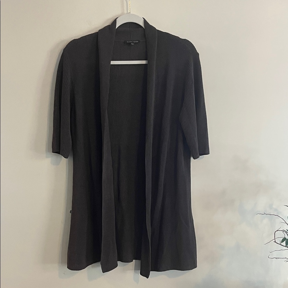 Eileen Fisher Open Front Cardigan‎ Duster Gray Silk Cotton Viscose Cozy M Short